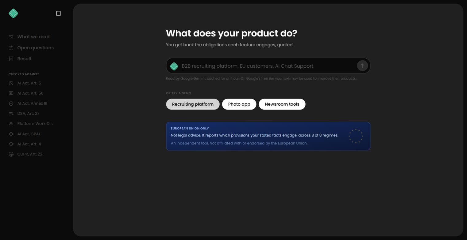AI Feature Compliance — EU AI Act obligations, from a plain-English description